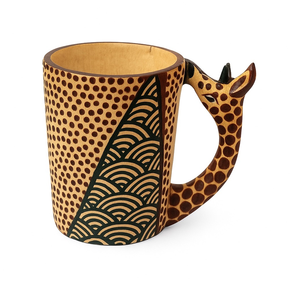 Hand-Carved Wooden Giraffe Mug – Safari Animal Cup – Natural Hardwood